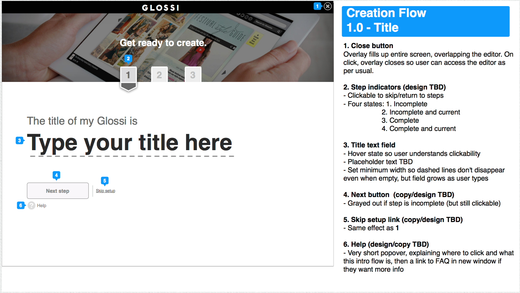 Wireframe for step 1 of the flow: entering your title