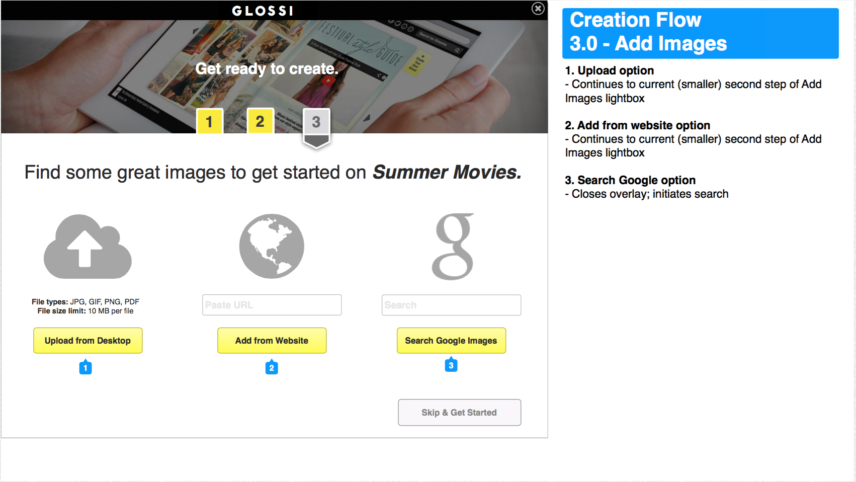 Wireframe for step 3: selecting some images to start with