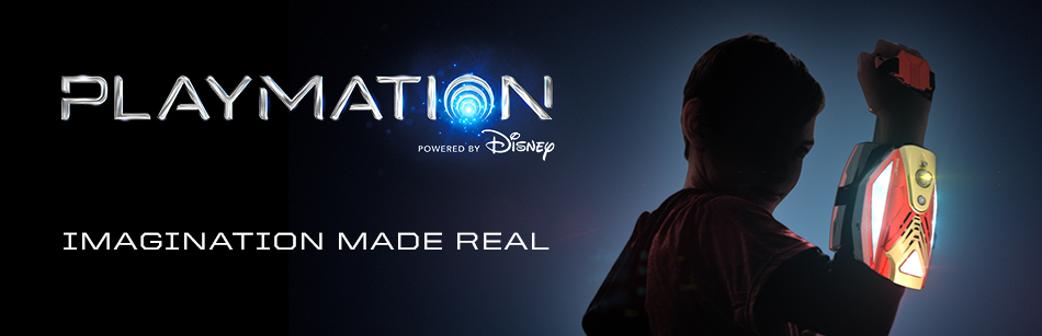 Child wearing Iron Man Playmation gear with text "Imagination Made Real"